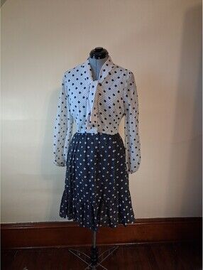 Vintage 70s Polkadot Dress, R&k Originals Black And White Ruffled Skirt Neck Tie